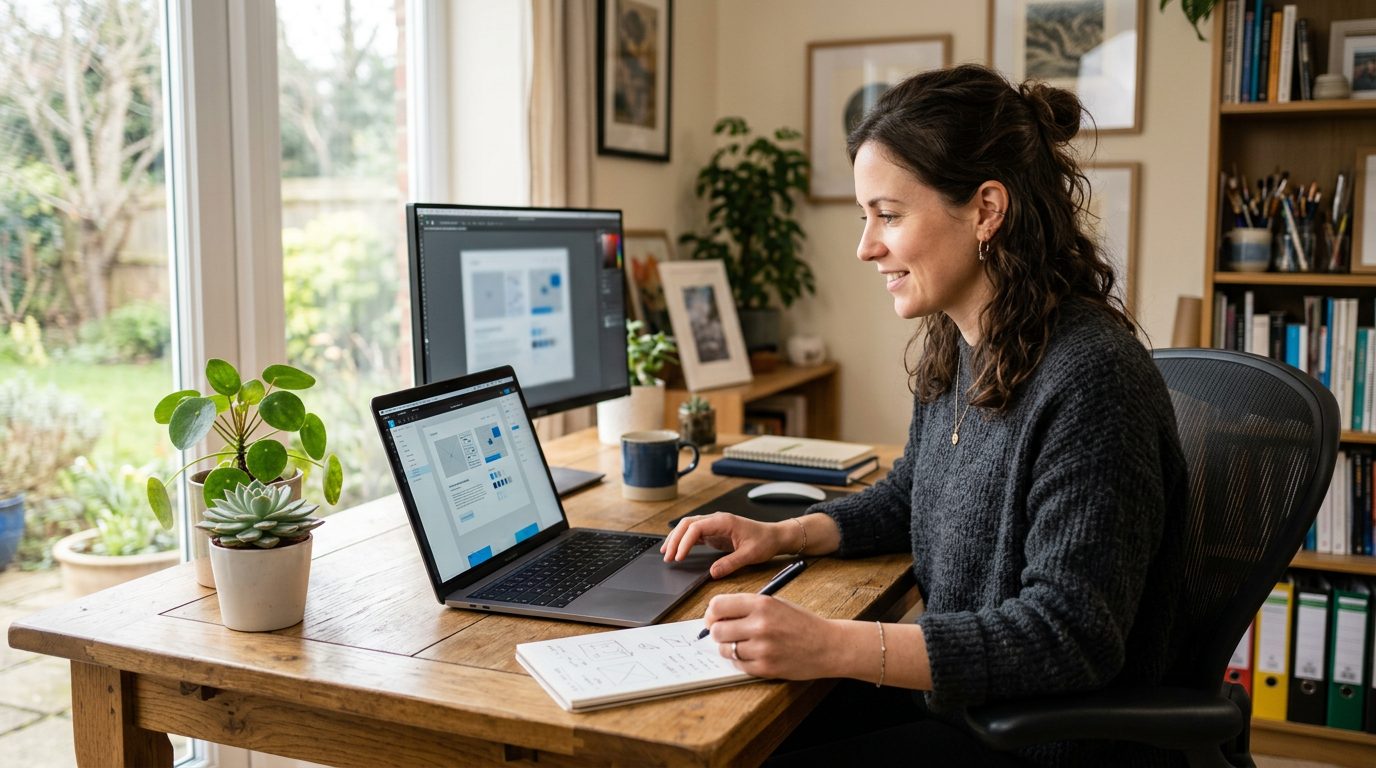 Freelance designer using a laptop to review and send a tailored application pack
